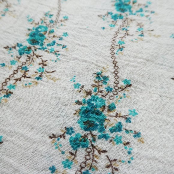 Vintage Floral Cotton Gauze Top White Blue Elastic Ruffle Neckline Short Sleeve - Picture 2 of 6